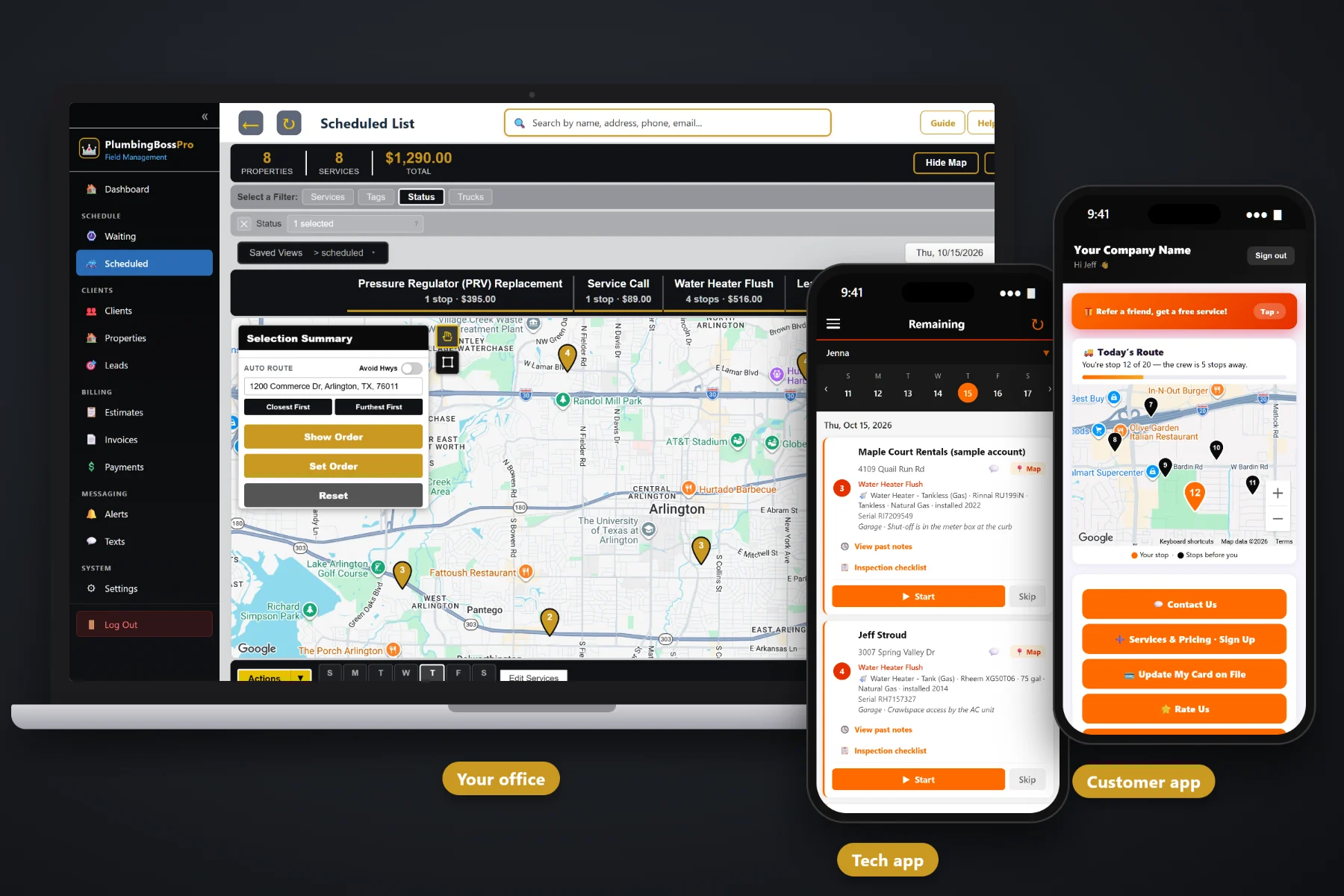 PlumbingBossPro showing a plumbing company's estimates, scheduled jobs and customer records in one place